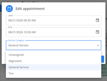 Edit the service category inside the scheduler